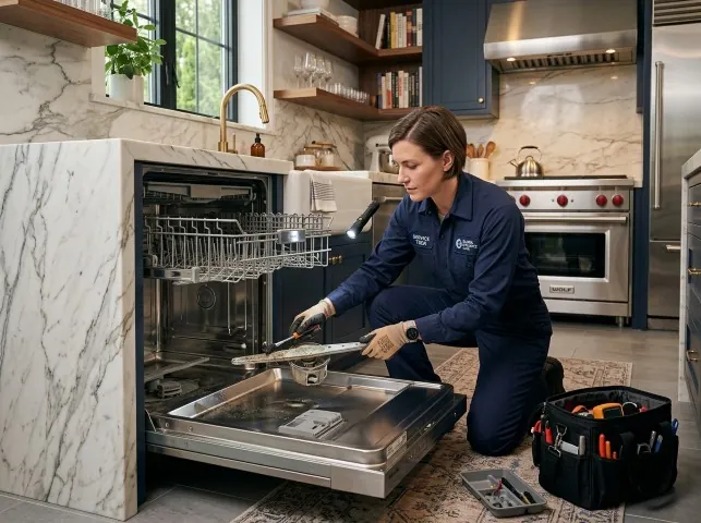 Appliance Repair Hero technician servicing a built-in dishwasher in a Arlington, WI kitchen