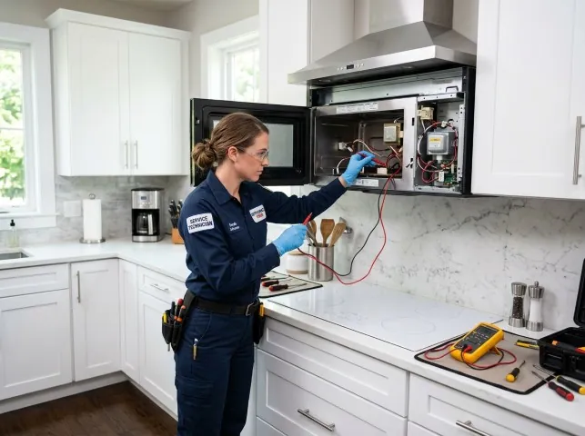 Appliance Repair Hero technician testing an over-the-range microwave in a Arlington, WI kitchen